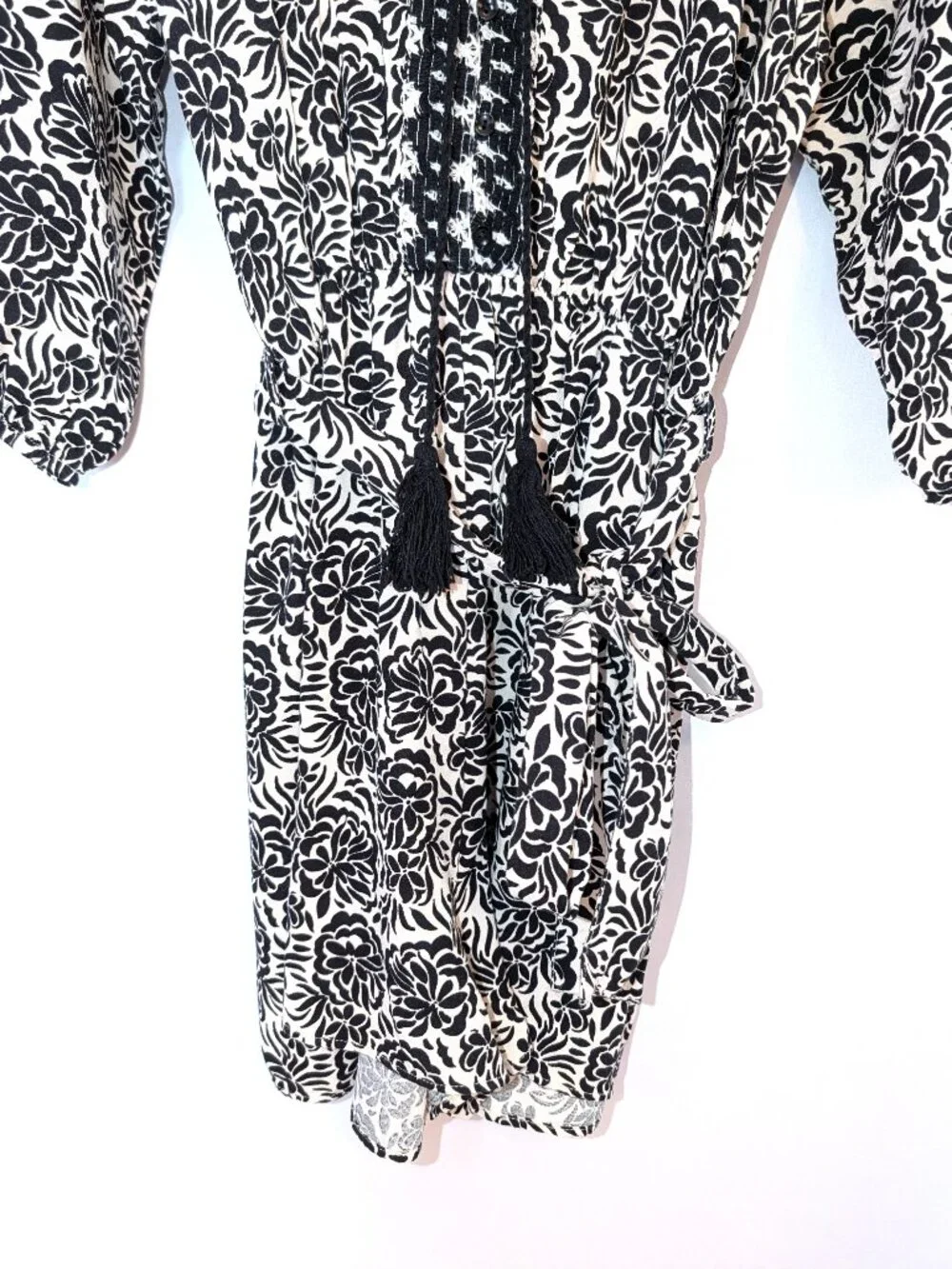 Zara | Linen Blend Floral Print Belted Romper with Tassels | Size	Large